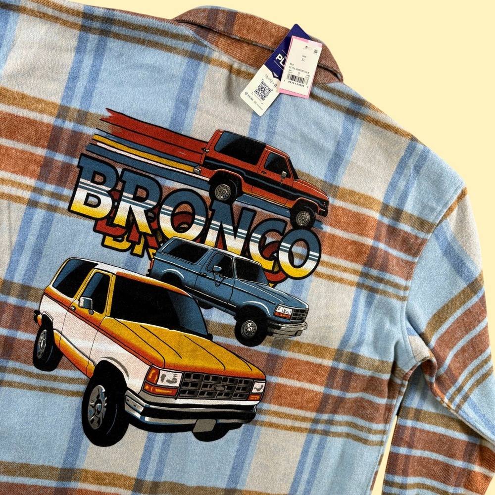 New Ford Bronco Shacket Womens XL Blue Plaid Graphic Back Retro Cabincore Barn